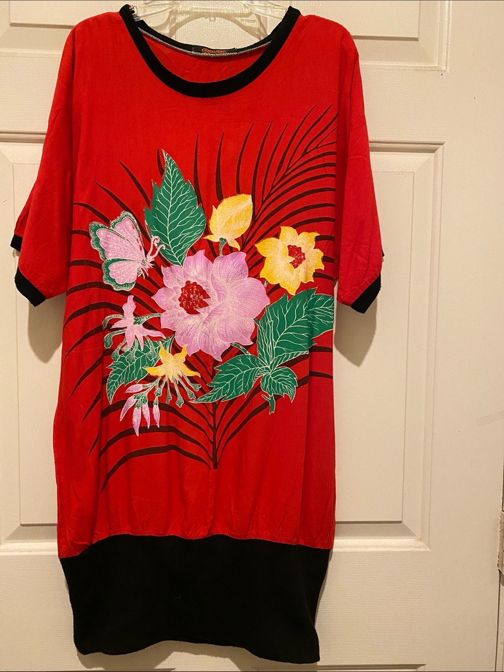 Red Floral Graphic Tunic Dress with Black Trim